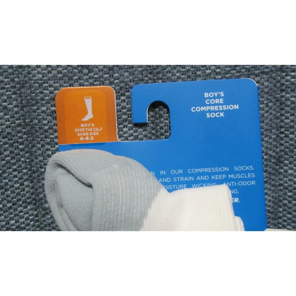 Tommie Copper Boy's Core Compression Socks White Gray Size 6-8.5 Anti-Odor